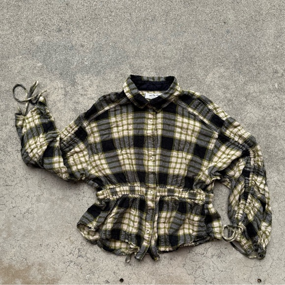 Free People Pacific Dawn Plaid Shirt Black Combo XS preloved crop top wool blend - Picture 10 of 11